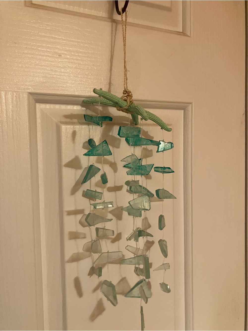 Sea Glass and Starfish Hanging Wind Chime - Aqua Green Home  Decor